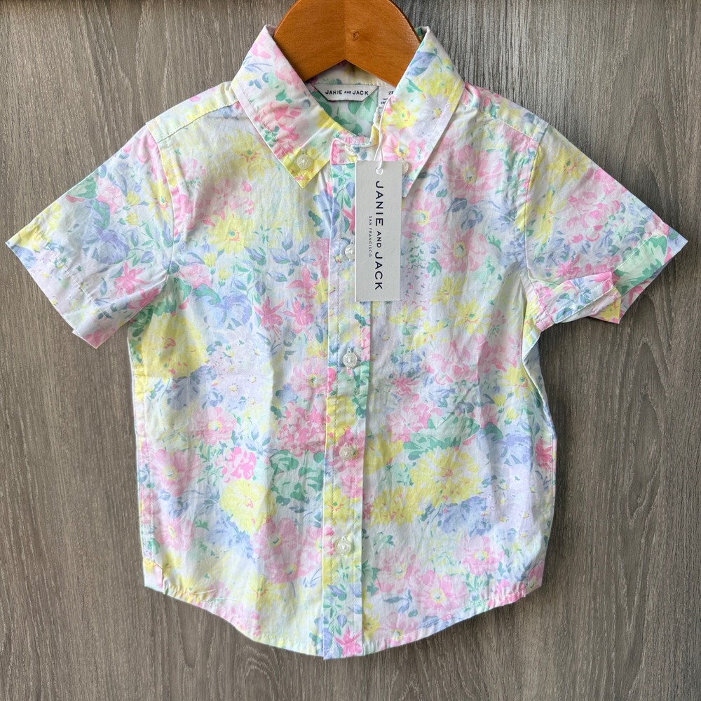 Janie and Jack Floral Button Down Shirt Boys 2T Pastel Watercolor Spring NWT